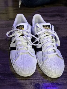 adidas White and Black Leather Shell-Toe Sneakers